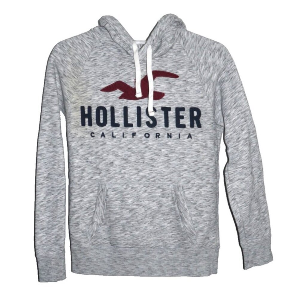 HOLLISTER gray fleece lined pullover hoodie with sewn on letters ADULT XS
